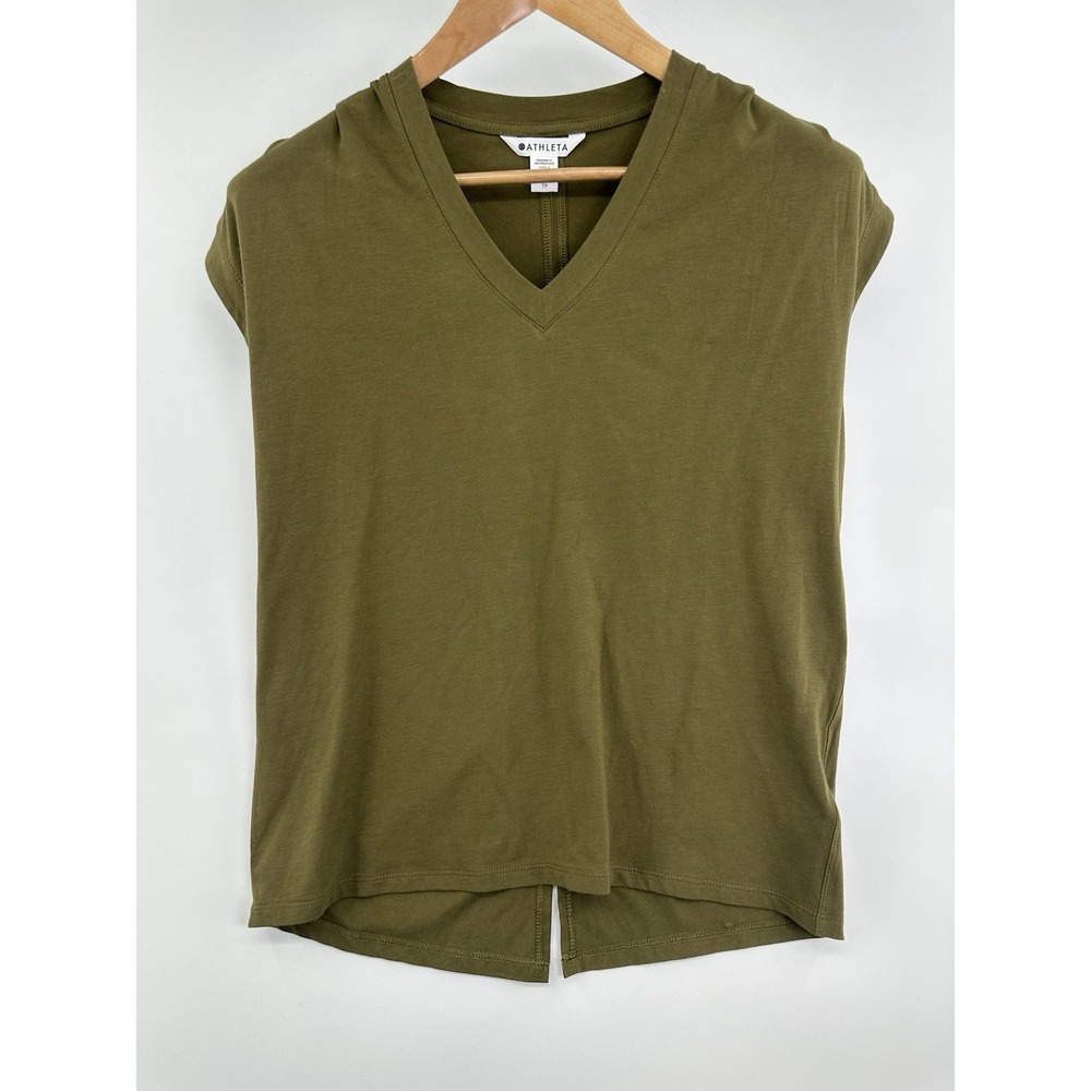 Athleta Outbound Twist Tee Women Size XS Olive Green V-Neck Twisted Back Top